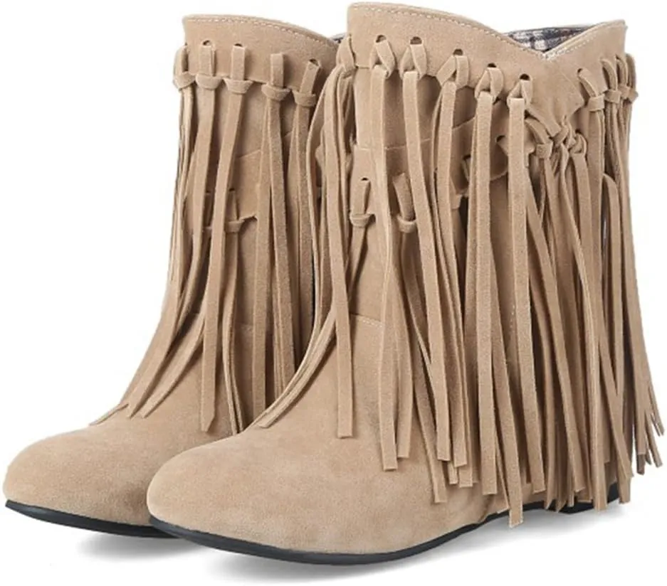 Womens Hidden Wedge Fringe Moccasin Booties Tassel Boots