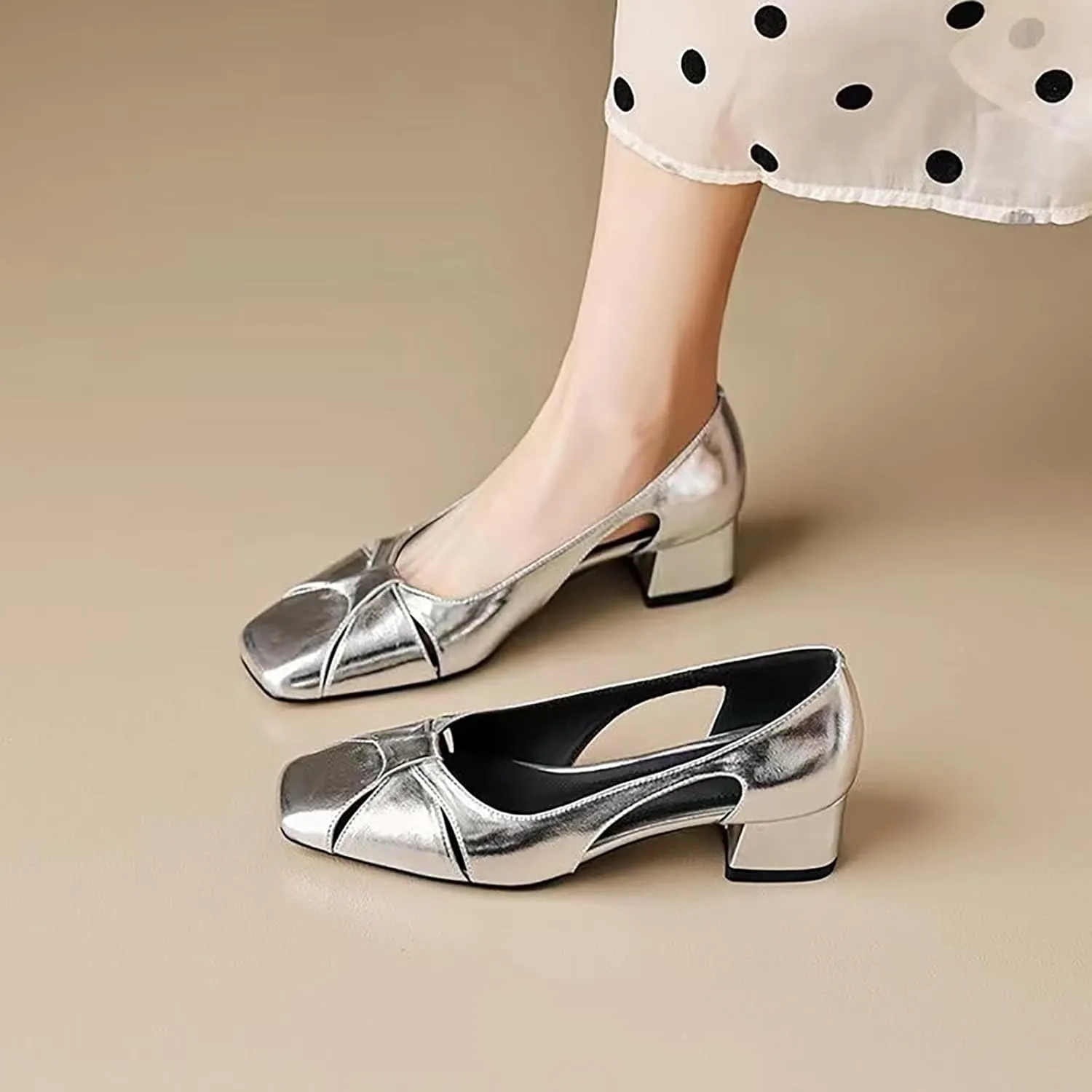 Women's Hollow Thick Heel Square Toe Pumps,Comfortable Slip On Patent Low Block Heel Shoes Outdoor Classic Dress Wedding Office Party Shoes