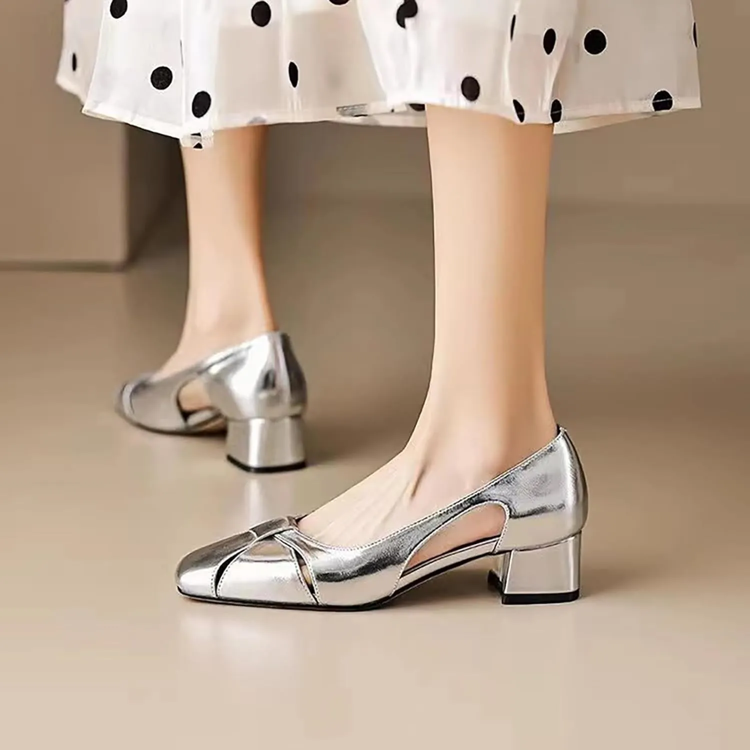 Women's Hollow Thick Heel Square Toe Pumps,Comfortable Slip On Patent Low Block Heel Shoes Outdoor Classic Dress Wedding Office Party Shoes