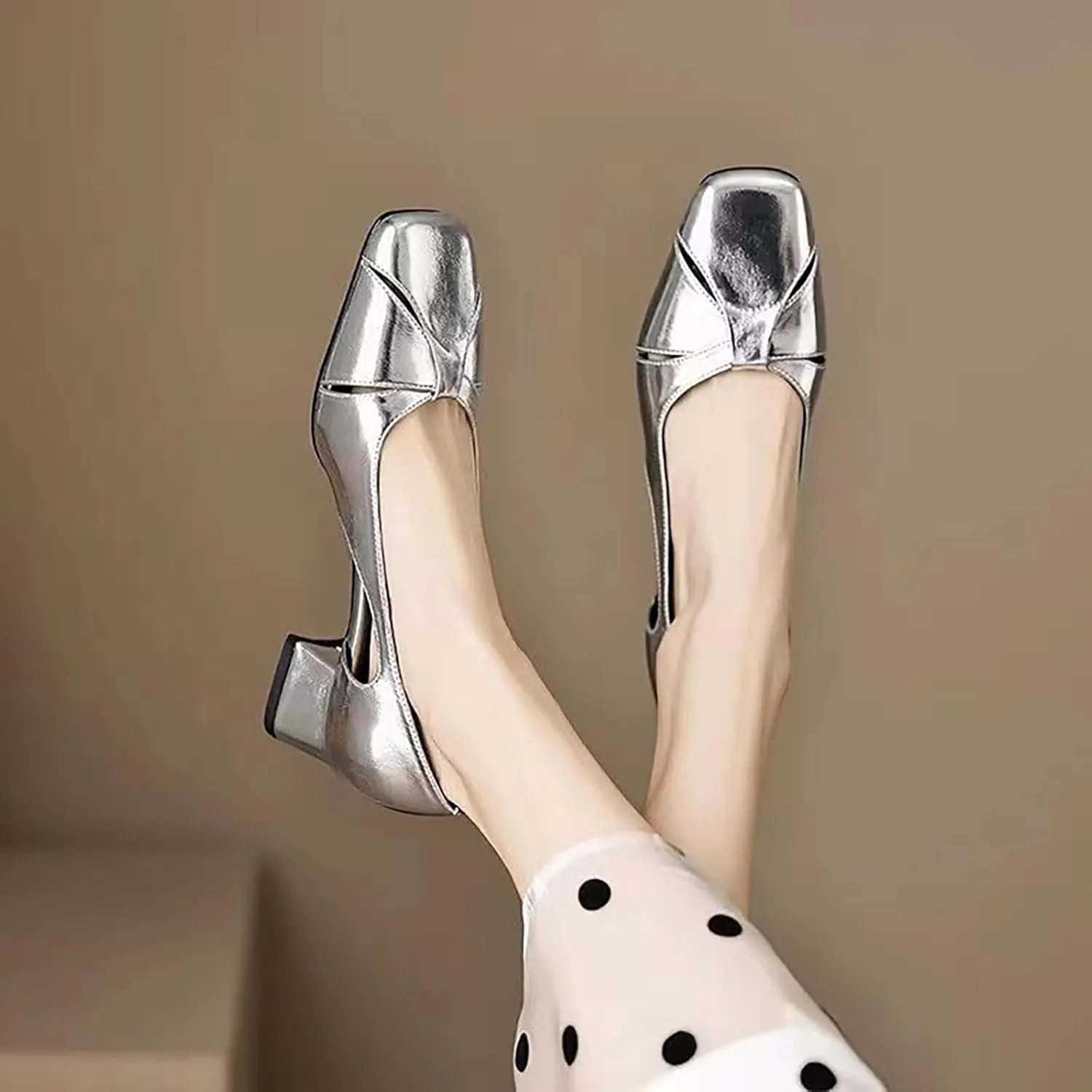 Women's Hollow Thick Heel Square Toe Pumps,Comfortable Slip On Patent Low Block Heel Shoes Outdoor Classic Dress Wedding Office Party Shoes