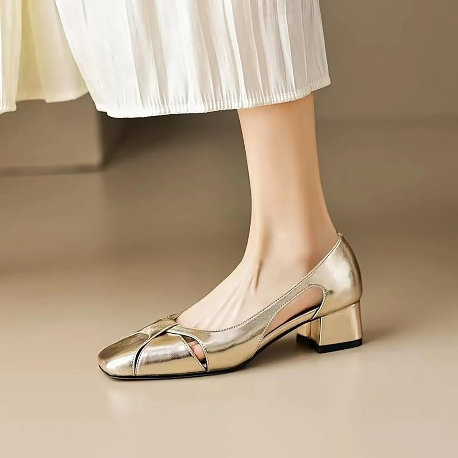 Women's Hollow Thick Heel Square Toe Pumps,Comfortable Slip On Patent Low Block Heel Shoes Outdoor Classic Dress Wedding Office Party Shoes