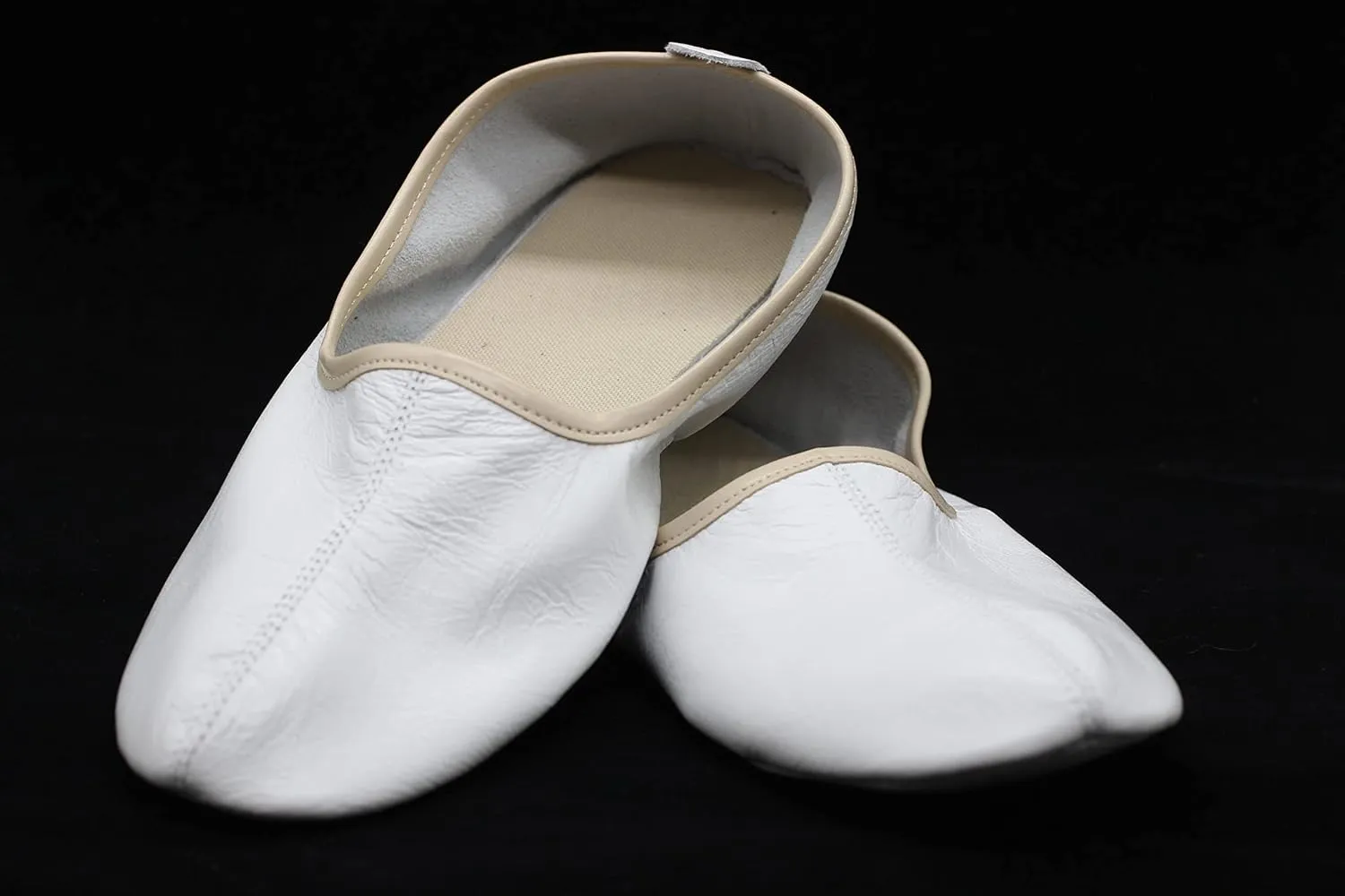 Women's Indoor Leather Slippers White and Beige Traditional Babouche House Shoes Moccasin Tawaf Shoes