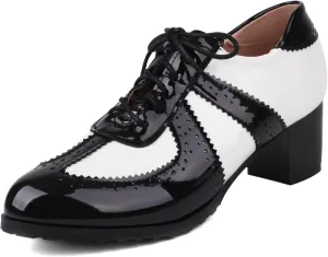 Women's Lace up Oxford Shoes Chunky Block Heel Wingtip Shoes Round Toe Vintage Brogue Shoes
