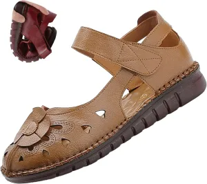 Women's Leather Vintage Closed-toe Sandals,Comfy Breathe Anti-slip Softsole Adjustable Casual Dressy Mary Jane Shoes