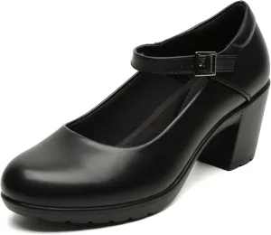 Womens Mary Jane Dress Shoes Chunky Low Block Heels 7CM Closed Toe Work Platform Pumps Dressy Orthopedic for Business Flight Wedding Office Ankle Strap Leather Casual Comfort with Arch Support