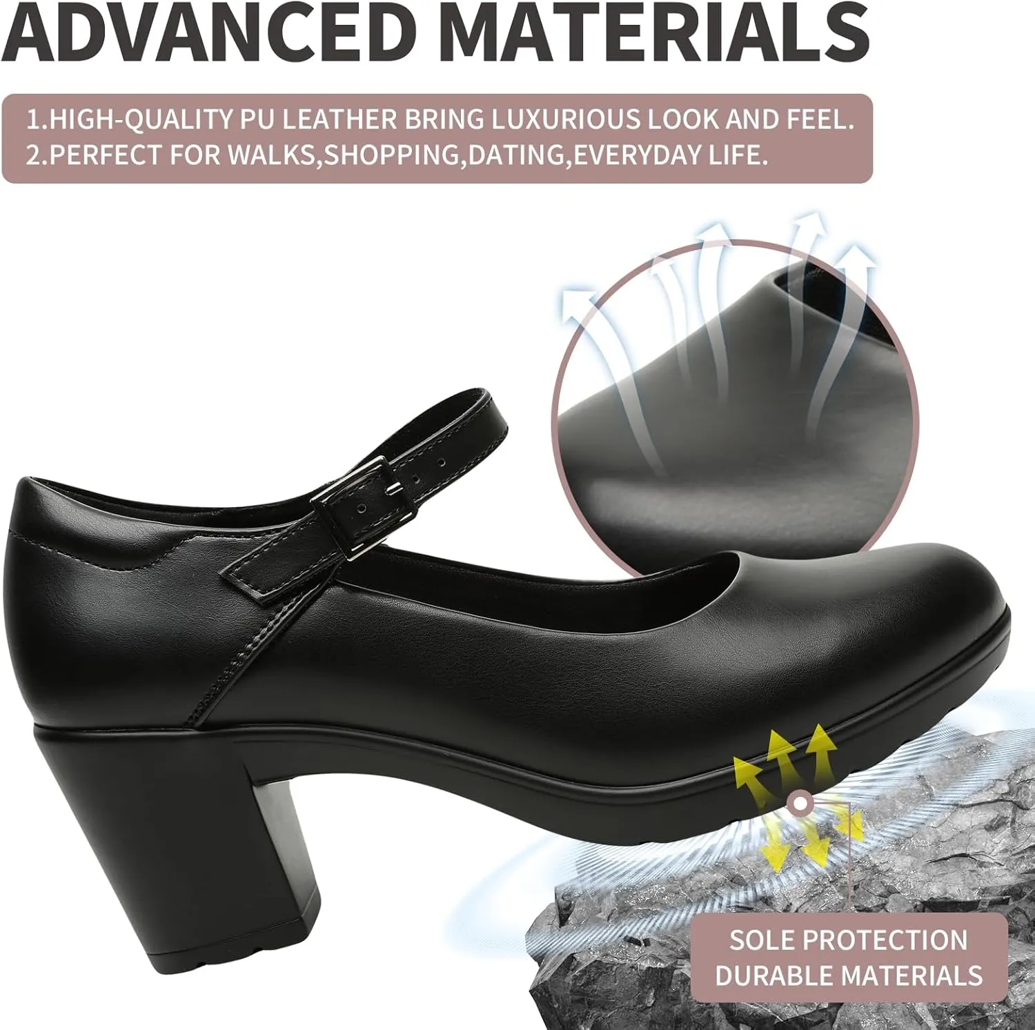 Womens Mary Jane Dress Shoes Chunky Low Block Heels 7CM Closed Toe Work Platform Pumps Dressy Orthopedic for Business Flight Wedding Office Ankle Strap Leather Casual Comfort with Arch Support