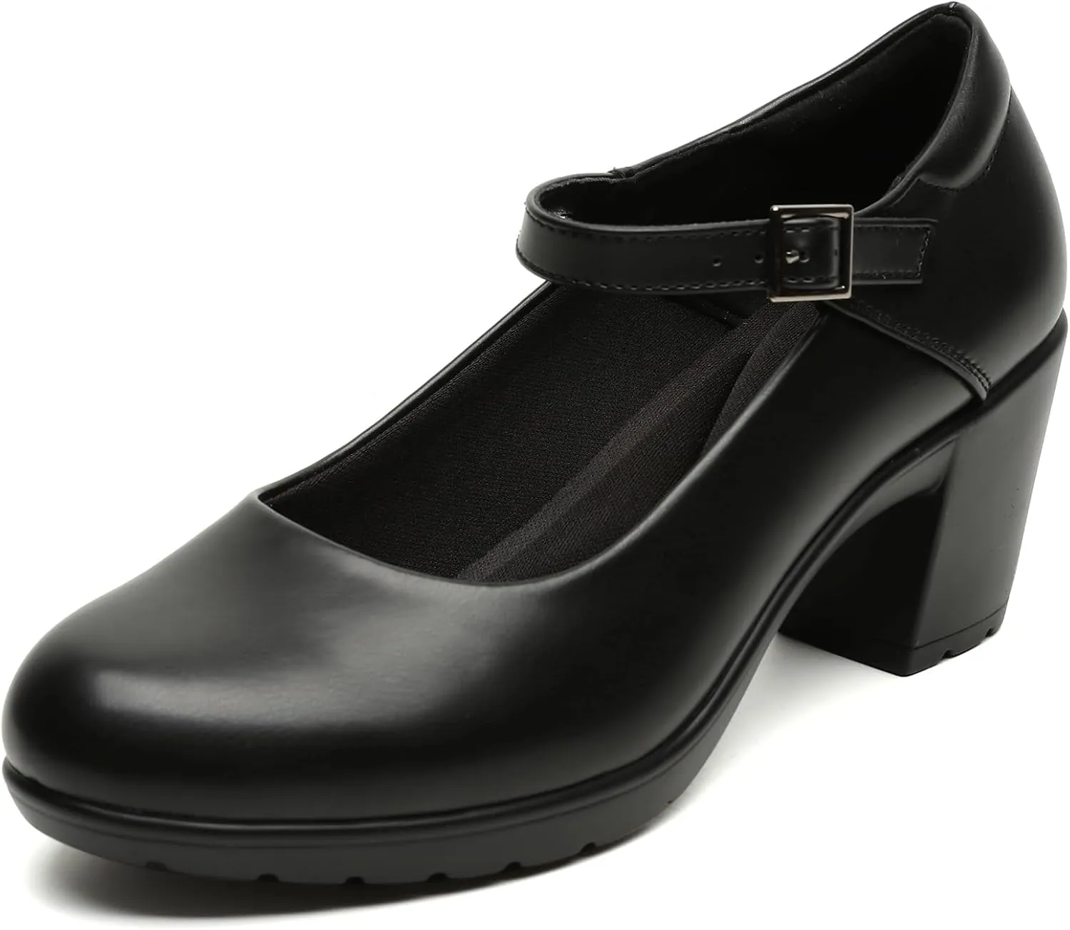 Womens Mary Jane Dress Shoes Chunky Low Block Heels 7CM Closed Toe Work Platform Pumps Dressy Orthopedic for Business Flight Wedding Office Ankle Strap Leather Casual Comfort with Arch Support