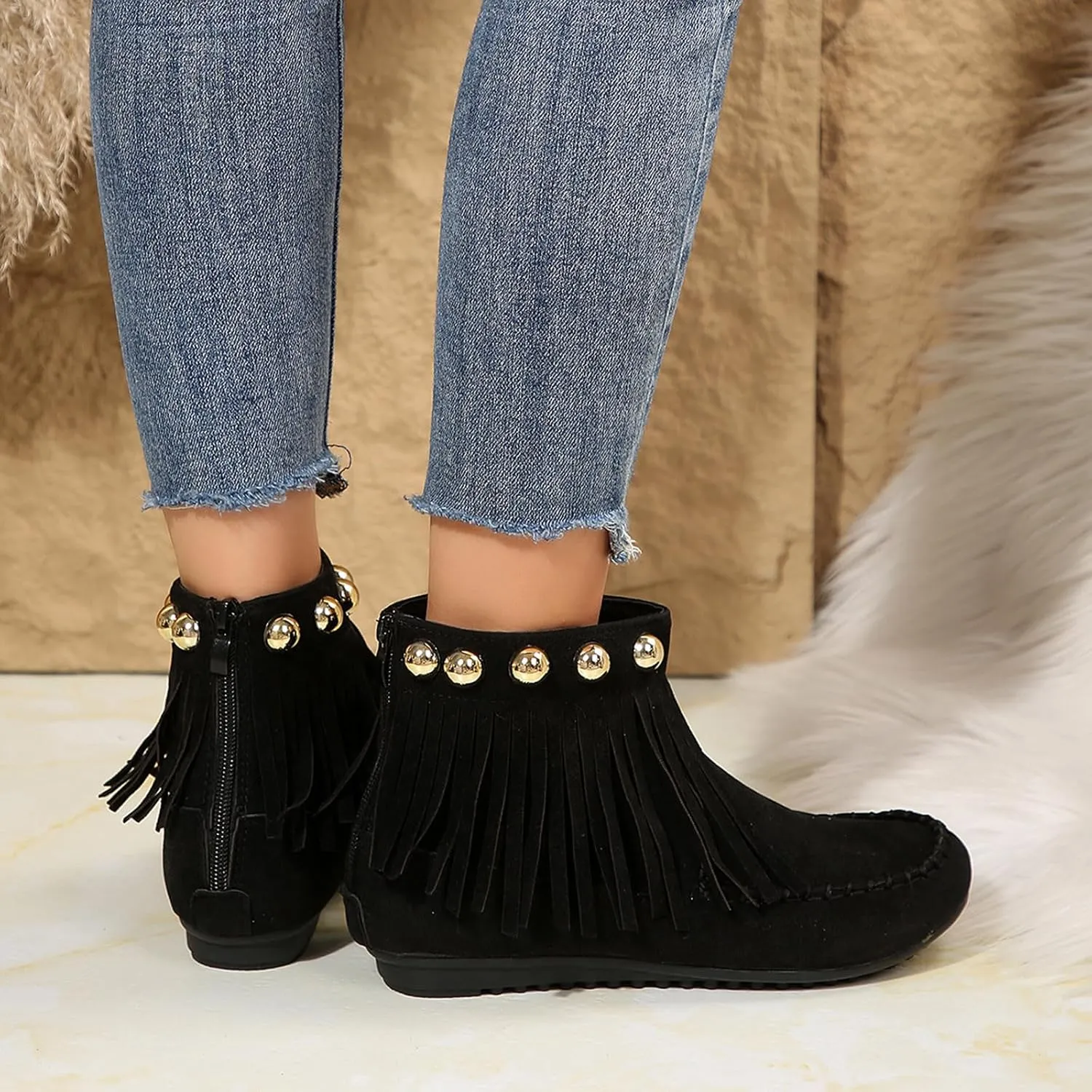 Womens Moccasins Fringe Ankle Boots Retro Suede Leather Tassel Studded Moccasins Shoes Non Slip Flat Heel Fall Winter Casual Fashion Booties with Zipper