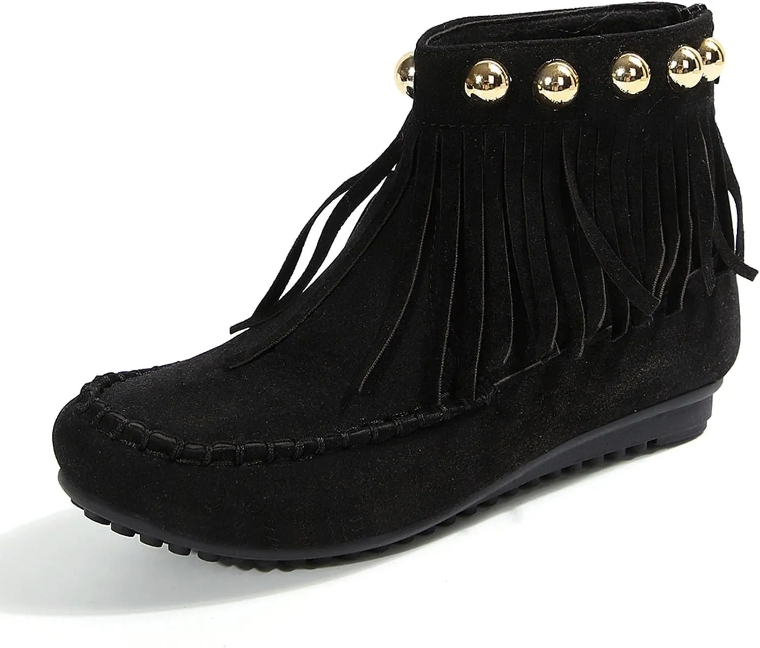 Womens Moccasins Fringe Ankle Boots Retro Suede Leather Tassel Studded Moccasins Shoes Non Slip Flat Heel Fall Winter Casual Fashion Booties with Zipper