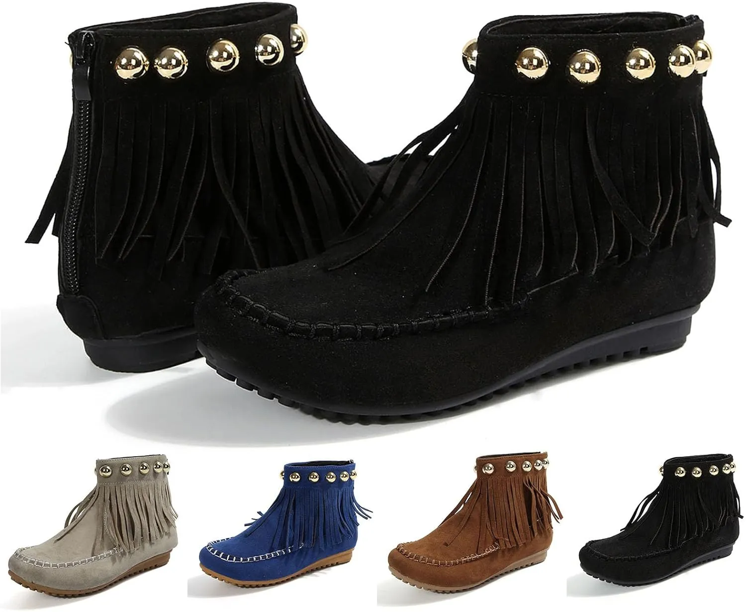 Womens Moccasins Fringe Ankle Boots Retro Suede Leather Tassel Studded Moccasins Shoes Non Slip Flat Heel Fall Winter Casual Fashion Booties with Zipper