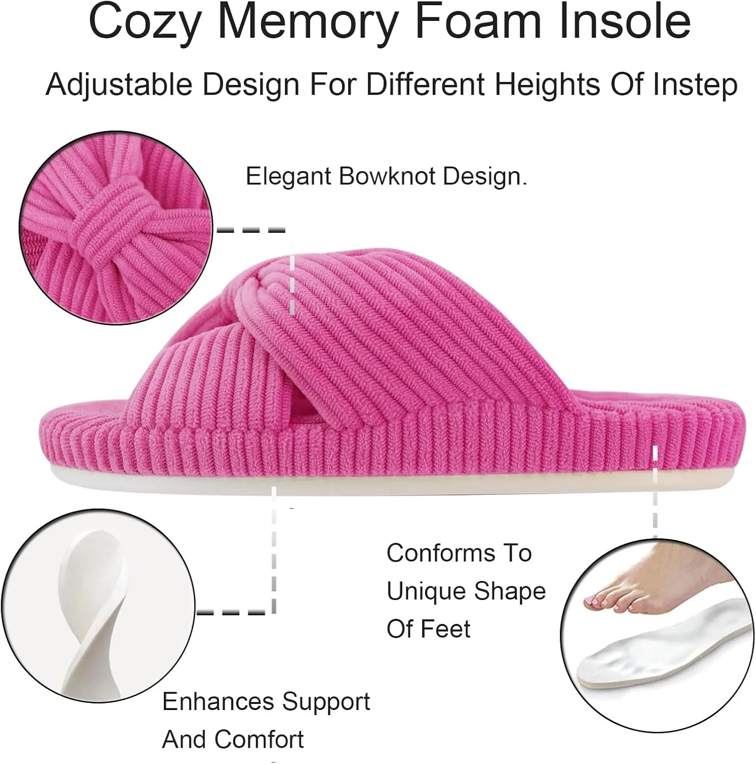 Women's Orthopedic Arch Support Open Toe House Slippers for Plantar Fasciitis Ladies Cozy Memory Foam Bedroom Gift Slippers Fluffy Corduroy Bow Crossband Slide