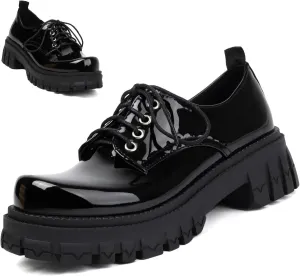 Women's Patent Leather Platform Chunky Loafers Perforated Lace-up Round Toe Wingtip Oxford Shoes Non-Slip Lug Sole Brogue Dress Shoe