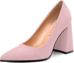 Women's Pumps, Pointed Toe Block High Heels, Slip On Fashion Chunky Heel Shoes for Women
