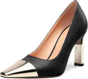 Women's Pumps, Square Toe Chunky High Heels, Slip On Fashion Two Toned Patchwork Womens Shoes for Office Wedding Party