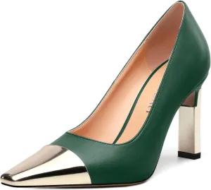 Women's Pumps, Square Toe Chunky High Heels, Slip On Fashion Two Toned Patchwork Womens Shoes for Office Wedding Party