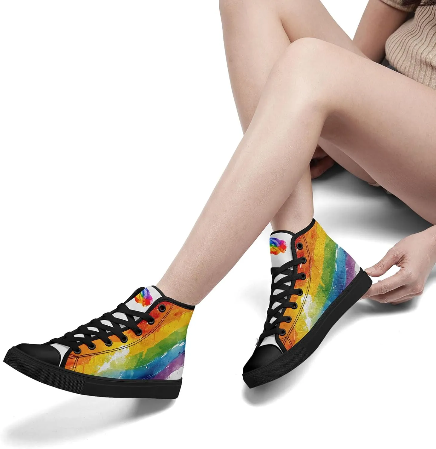 Womens Rainbow High Top Canvas Sneaker Lace-up Fashion Casual Shoes Classic Tennis Shoes Colorful Shoes