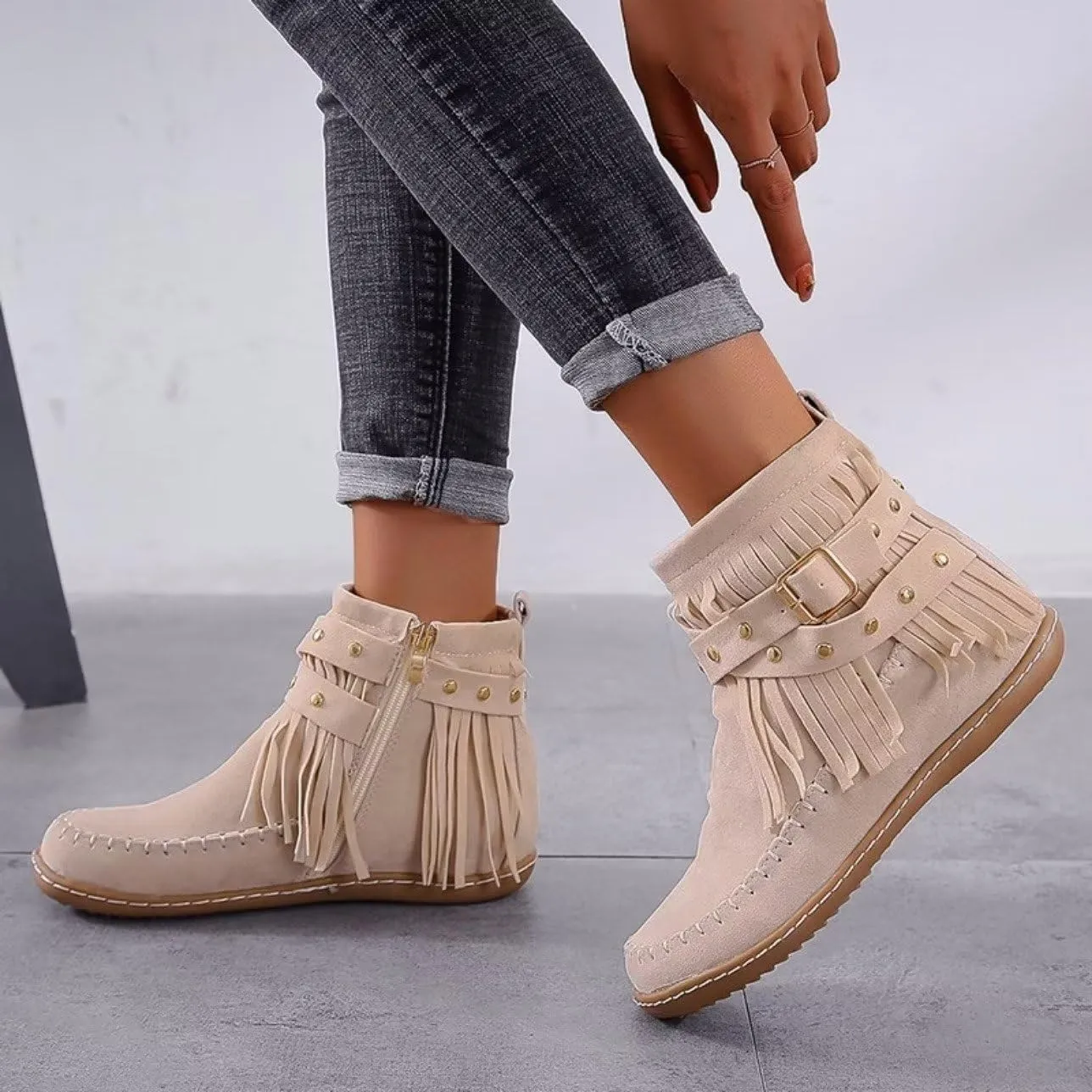 Women's Retro Fringe Moccasin Boots Low Heel Ankle Boots Slip On Comfy Warm Classic Booties