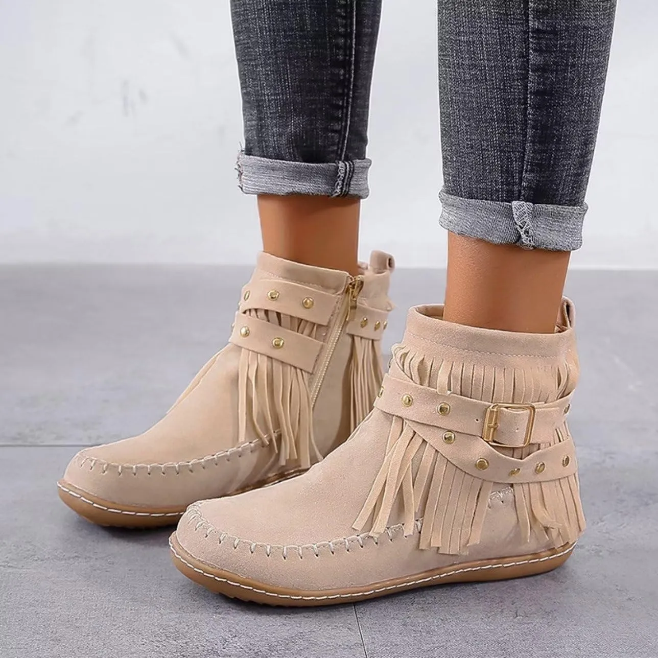 Women's Retro Fringe Moccasin Boots Low Heel Ankle Boots Slip On Comfy Warm Classic Booties