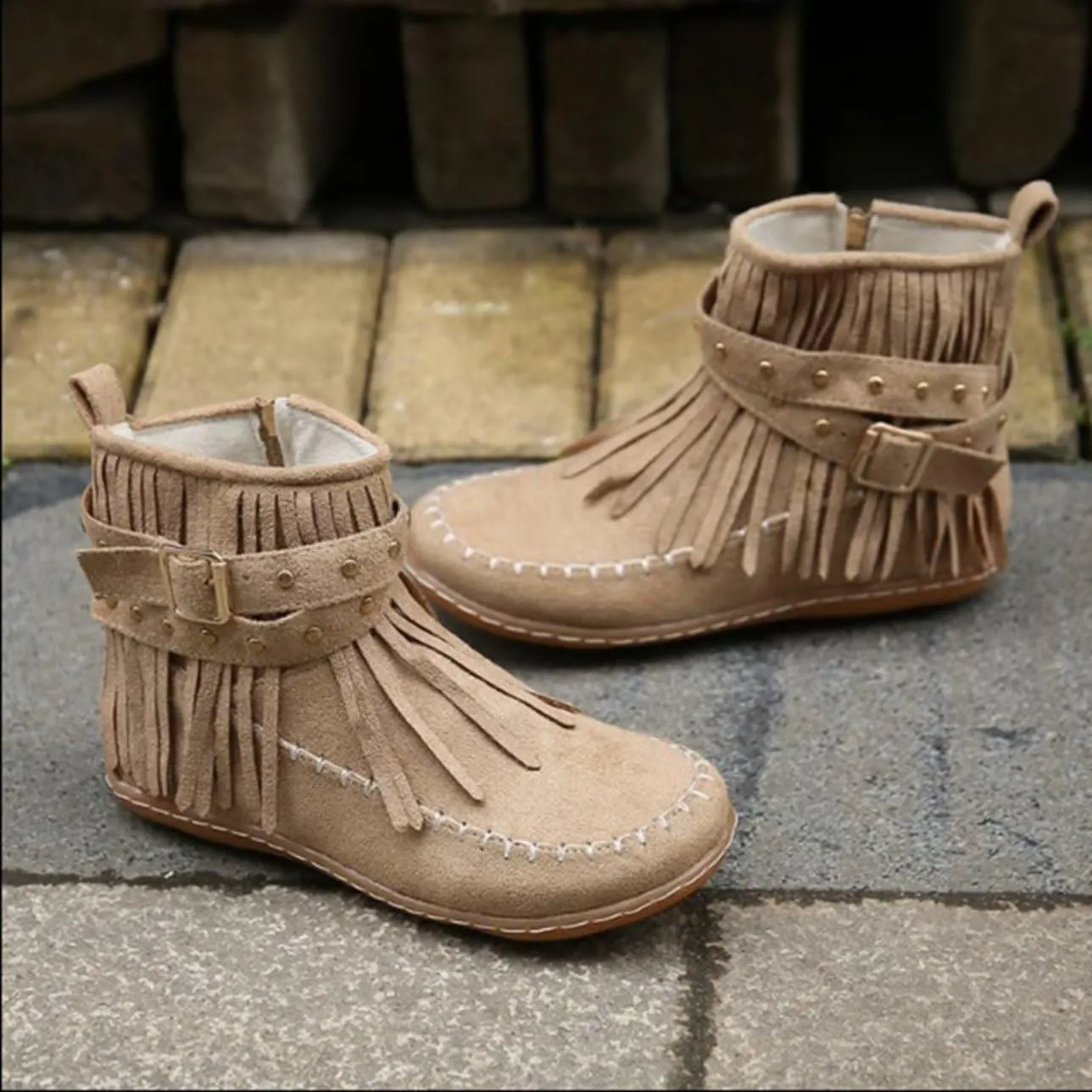 Women's Retro Fringe Moccasin Boots Low Heel Ankle Boots Slip On Comfy Warm Classic Booties