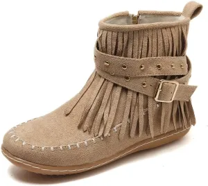 Women's Retro Fringe Moccasin Boots Low Heel Ankle Boots Slip On Comfy Warm Classic Booties