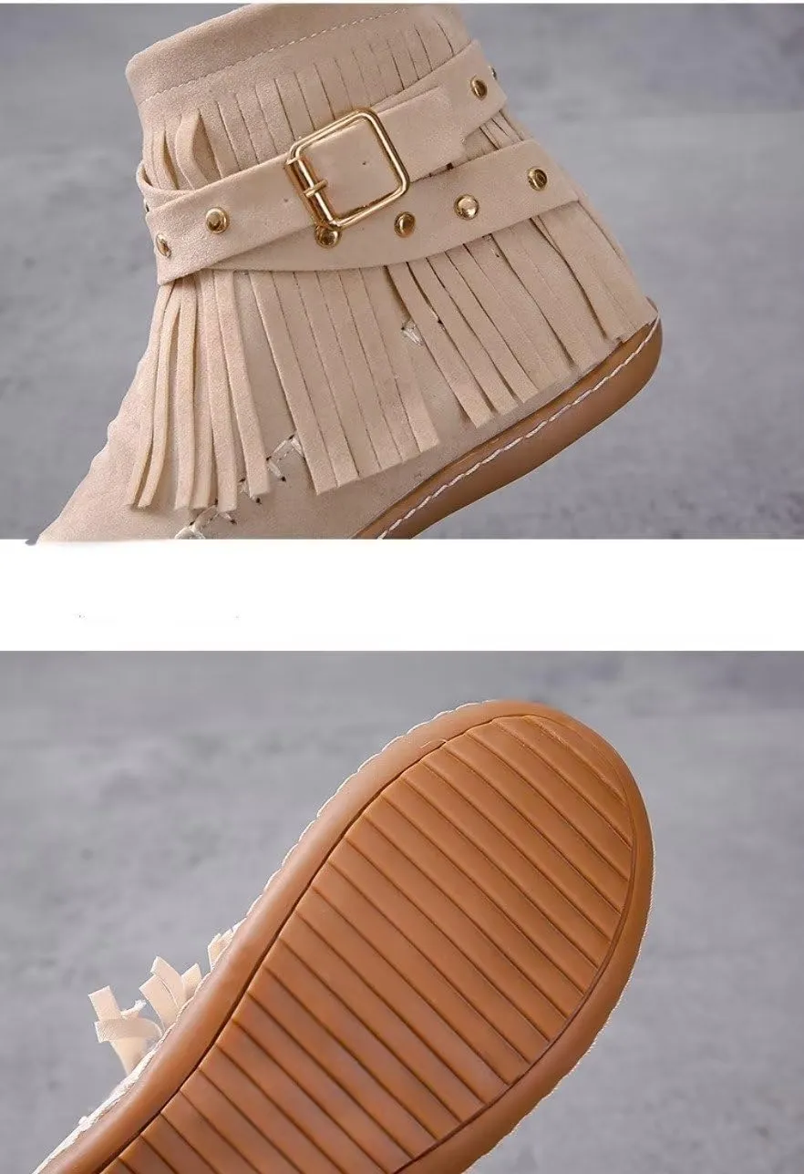 Women's Retro Fringe Moccasin Boots Low Heel Ankle Boots Slip On Comfy Warm Classic Booties