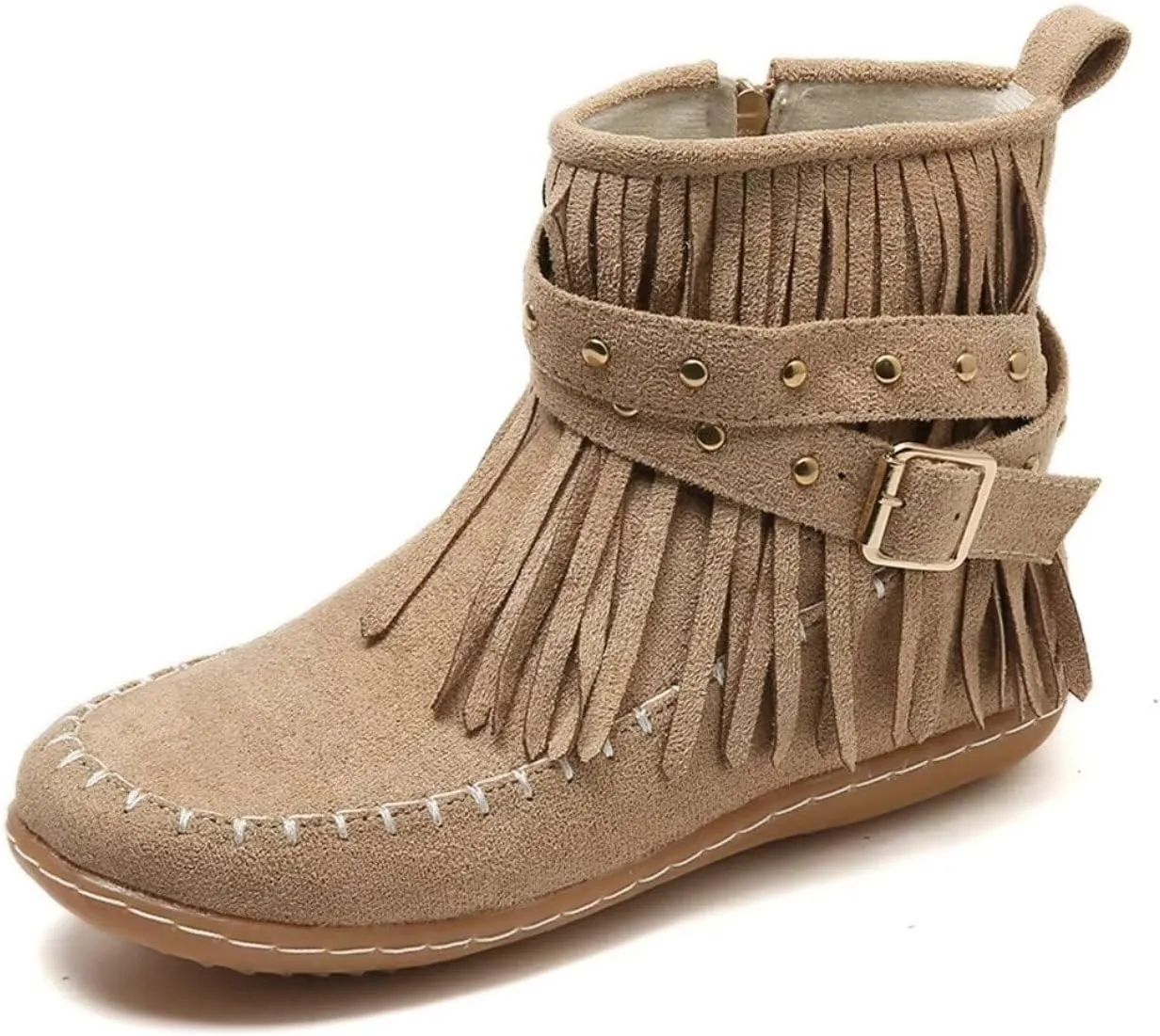 Women's Retro Fringe Moccasin Boots Low Heel Ankle Boots Slip On Comfy Warm Classic Booties