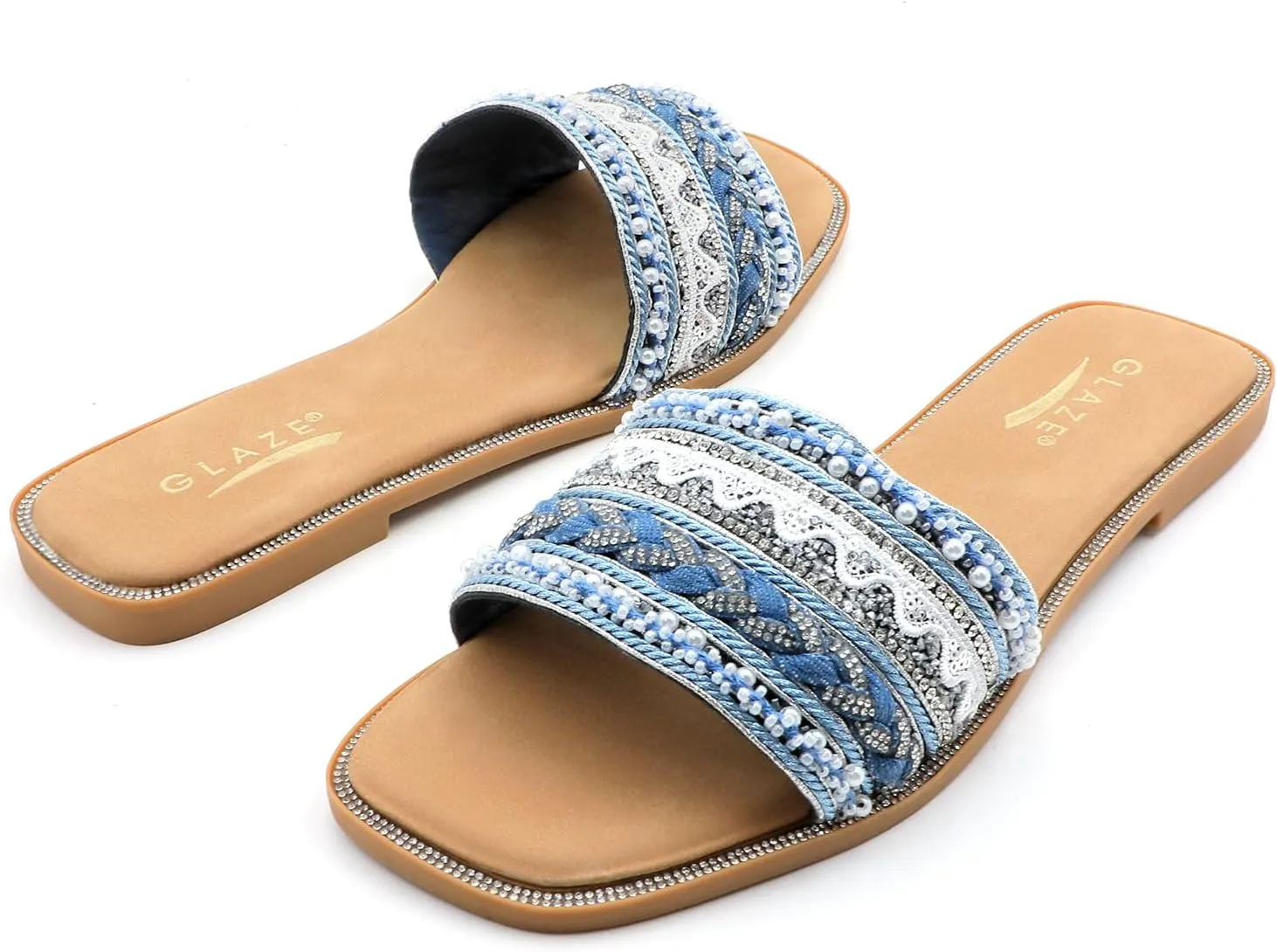 Women's Rhinestone Pearls Slide Sandals Summer Flats Sandals Size 6-10