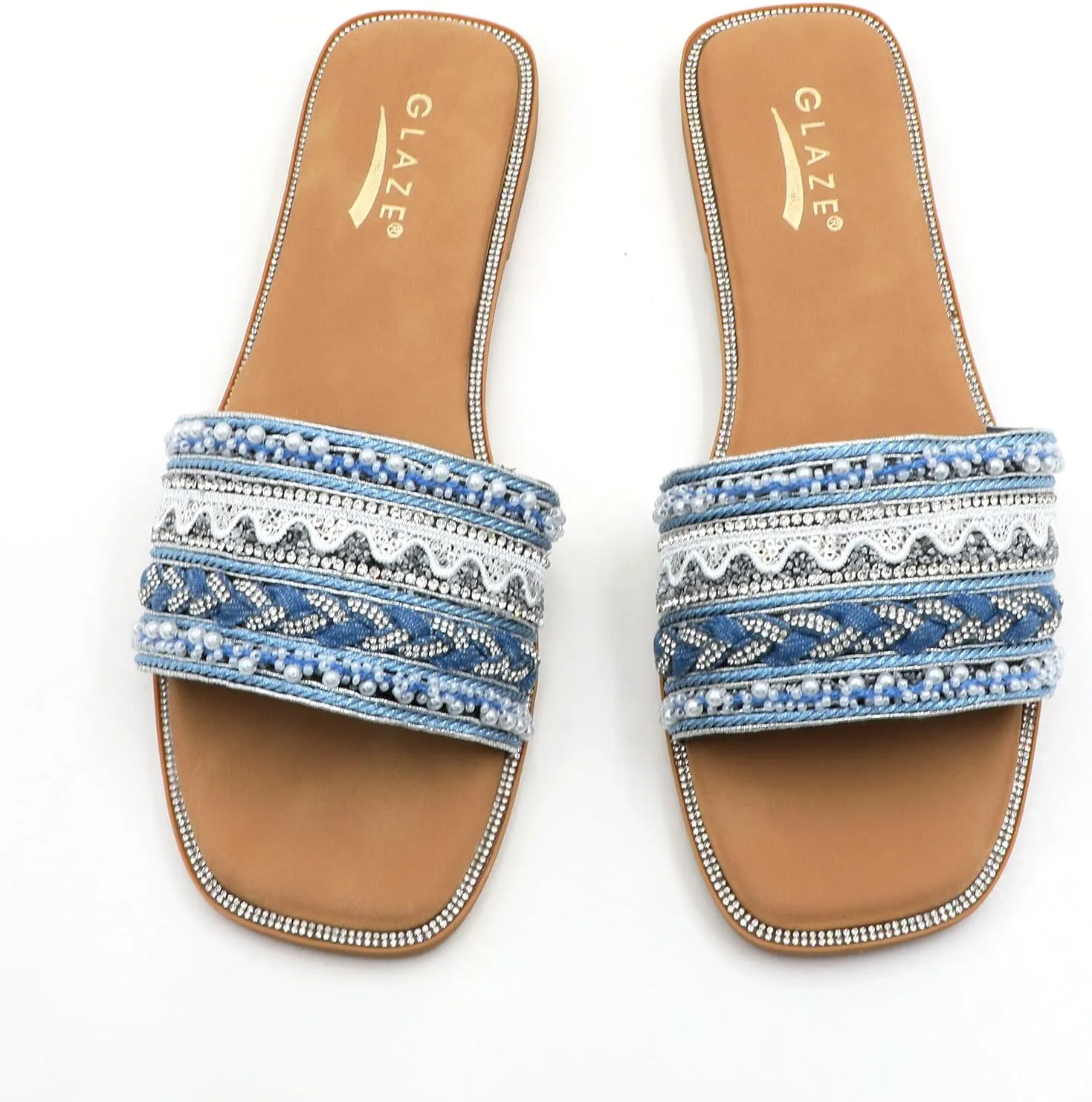Women's Rhinestone Pearls Slide Sandals Summer Flats Sandals Size 6-10