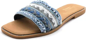 Women's Rhinestone Pearls Slide Sandals Summer Flats Sandals Size 6-10
