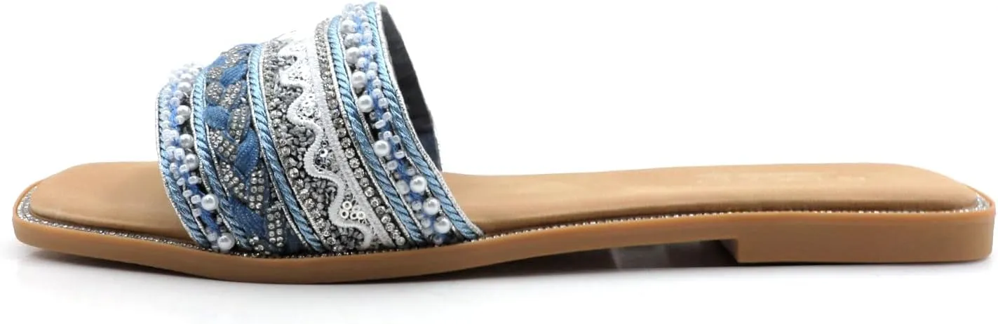 Women's Rhinestone Pearls Slide Sandals Summer Flats Sandals Size 6-10