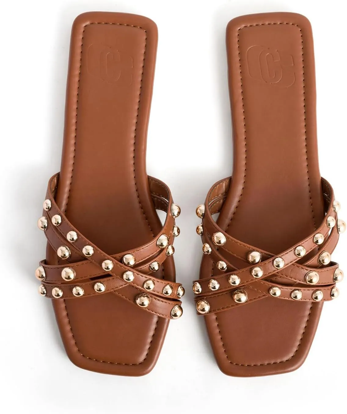Women's Square Open Toe Studded Flat Slide Sandals Summer Slip On Crossover Strap Sandals Outdoor Casual Beach Sandals