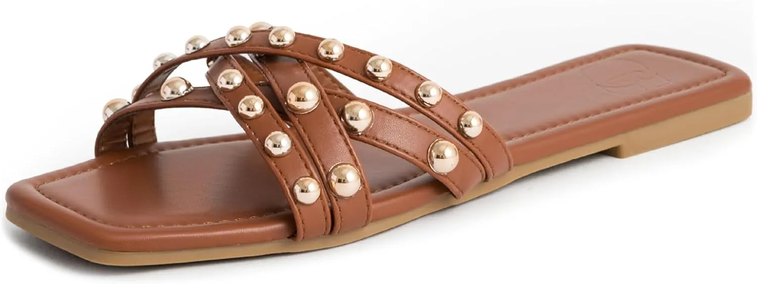 Women's Square Open Toe Studded Flat Slide Sandals Summer Slip On Crossover Strap Sandals Outdoor Casual Beach Sandals