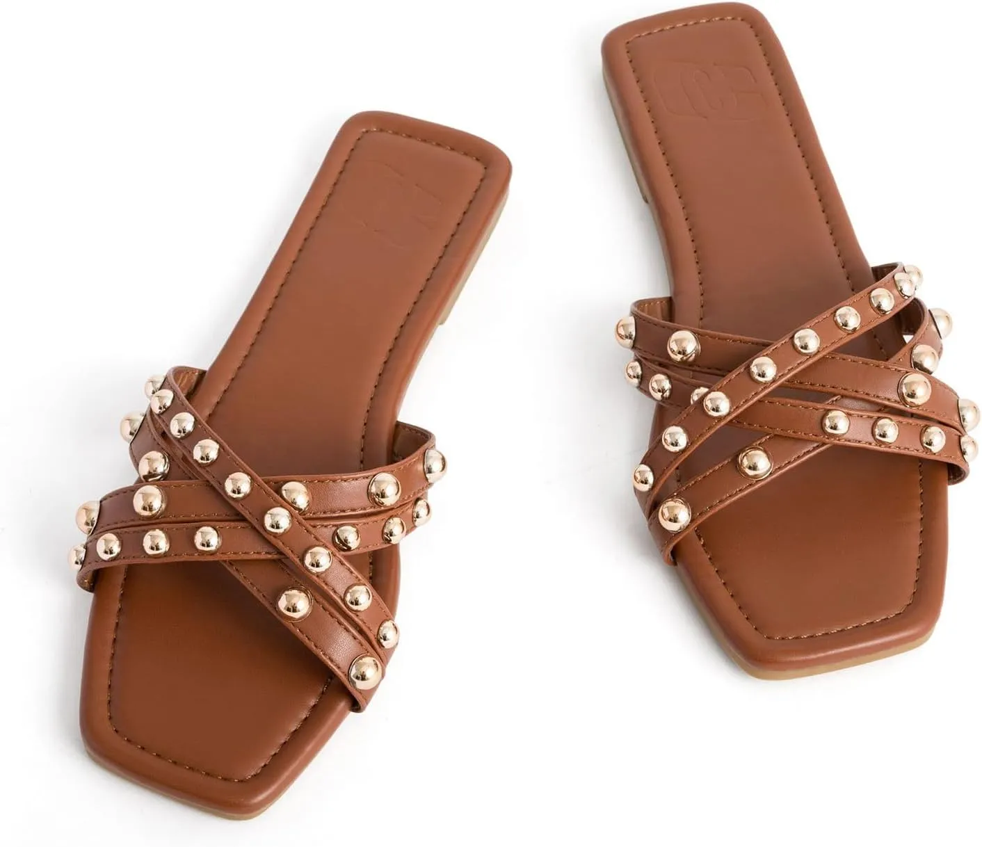 Women's Square Open Toe Studded Flat Slide Sandals Summer Slip On Crossover Strap Sandals Outdoor Casual Beach Sandals