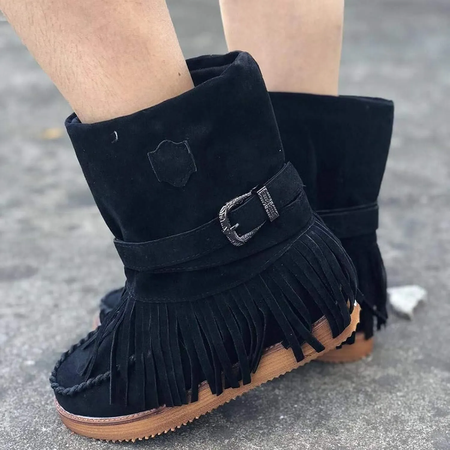 Womens Suede Fringe Ankle Boots Vintage Boho Fringe Tassel Flat Heel Western Cowgirl Boots Retro Ethnic Mid Calf Booties