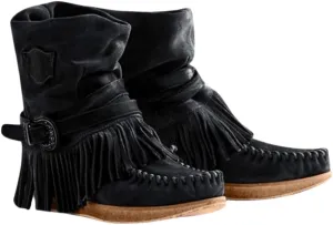 Womens Suede Fringe Ankle Boots Vintage Boho Fringe Tassel Flat Heel Western Cowgirl Boots Retro Ethnic Mid Calf Booties