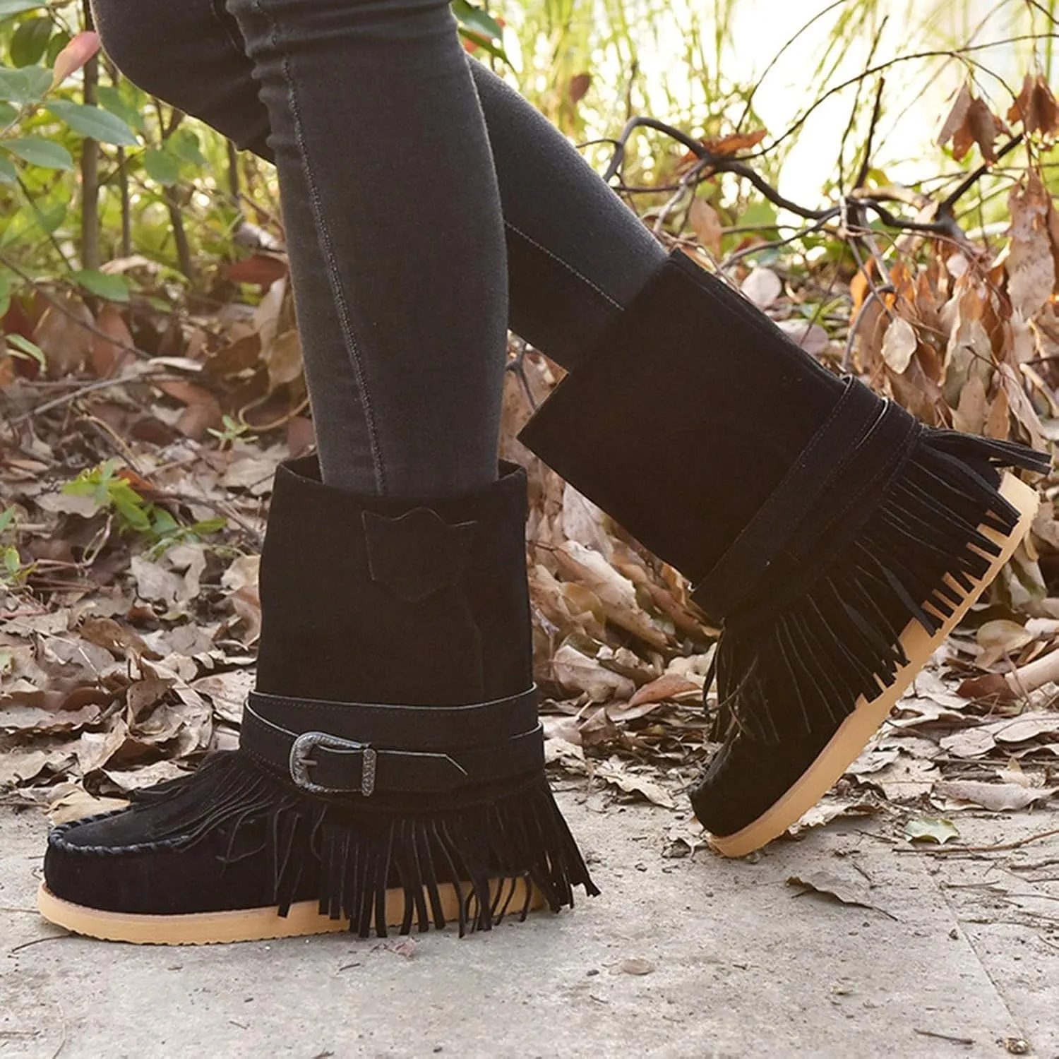 Womens Suede Fringe Ankle Boots Vintage Boho Fringe Tassel Flat Heel Western Cowgirl Boots Retro Ethnic Mid Calf Booties