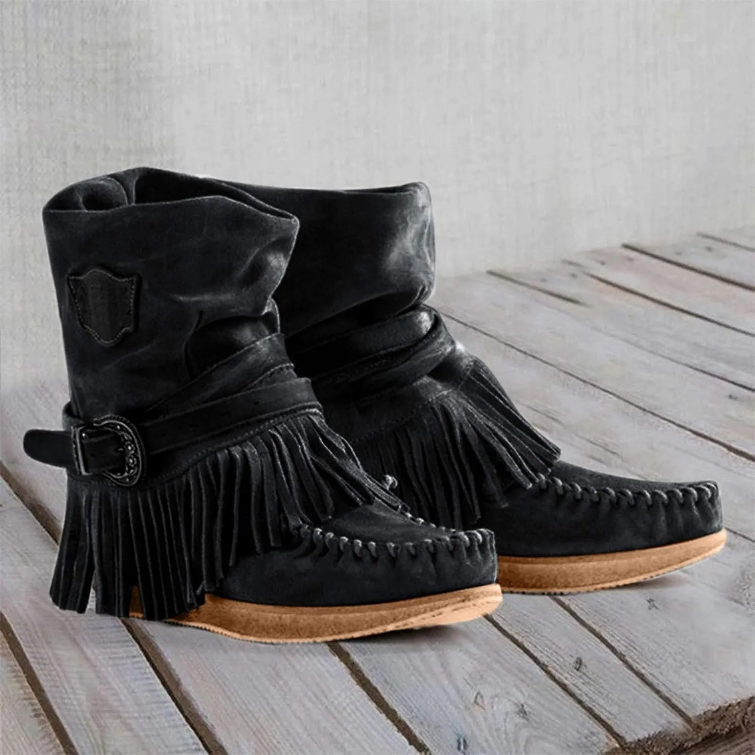 Womens Suede Fringe Ankle Boots Vintage Boho Fringe Tassel Flat Heel Western Cowgirl Boots Retro Ethnic Mid Calf Booties