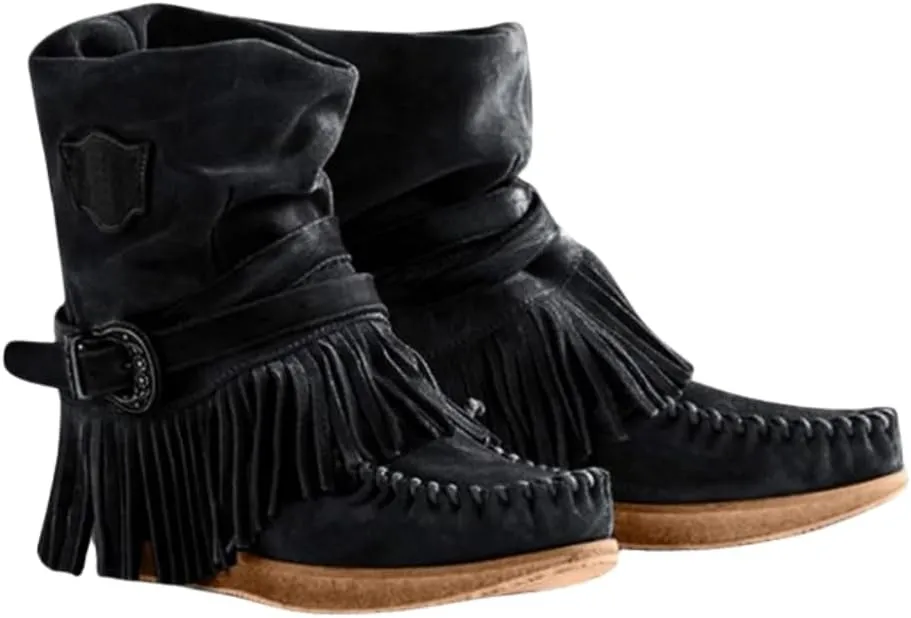 Womens Suede Fringe Ankle Boots Vintage Boho Fringe Tassel Flat Heel Western Cowgirl Boots Retro Ethnic Mid Calf Booties