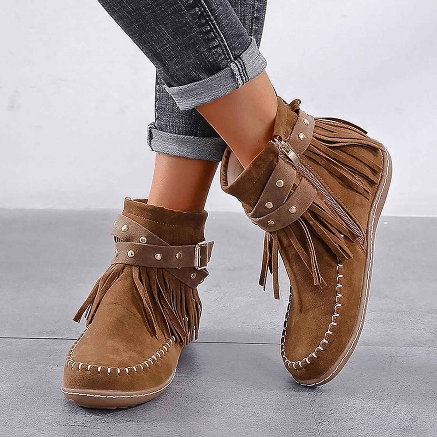 Women's Suede Fringe Ankle Boots Wide Width Round Toe Flats Vintage Casual Tassel Fringe Suede Boho Boots With Side Zipper Bohemian Slip On Anti Skid Winter Mid Calf Short Dress Shoes