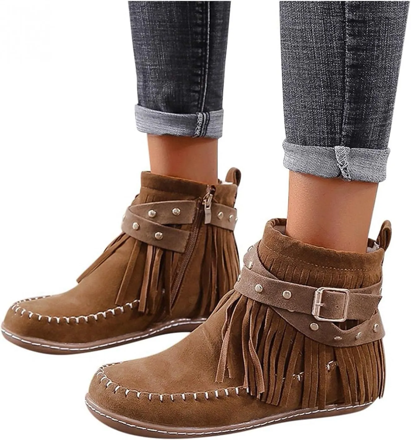 Women's Suede Fringe Ankle Boots Wide Width Round Toe Flats Vintage Casual Tassel Fringe Suede Boho Boots With Side Zipper Bohemian Slip On Anti Skid Winter Mid Calf Short Dress Shoes