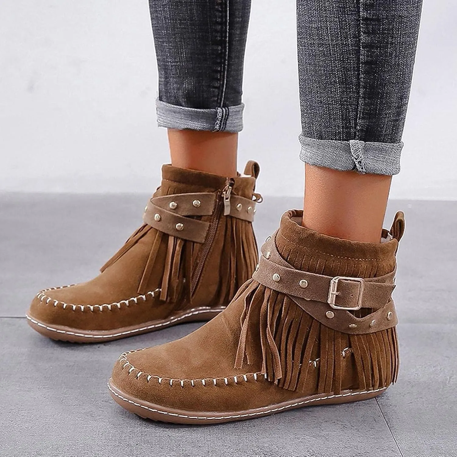 Women's Suede Fringe Ankle Boots Wide Width Round Toe Flats Vintage Casual Tassel Fringe Suede Boho Boots With Side Zipper Bohemian Slip On Anti Skid Winter Mid Calf Short Dress Shoes
