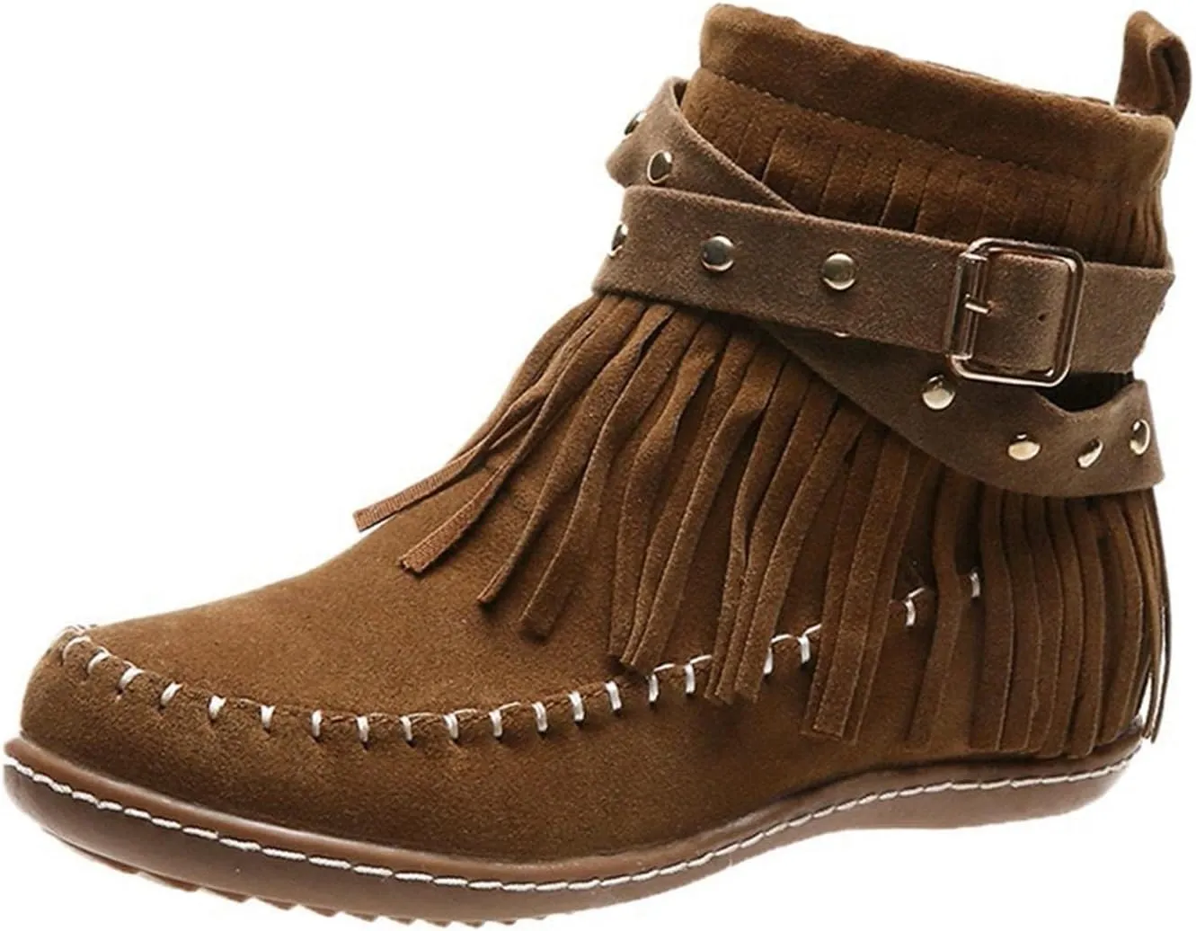 Women's Suede Fringe Ankle Boots Wide Width Round Toe Flats Vintage Casual Tassel Fringe Suede Boho Boots With Side Zipper Bohemian Slip On Anti Skid Winter Mid Calf Short Dress Shoes