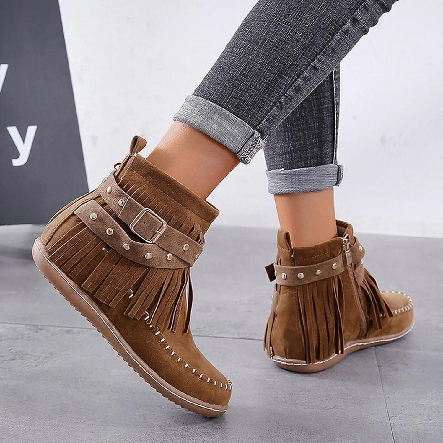 Women's Suede Fringe Ankle Boots Wide Width Round Toe Flats Vintage Casual Tassel Fringe Suede Boho Boots With Side Zipper Bohemian Slip On Anti Skid Winter Mid Calf Short Dress Shoes
