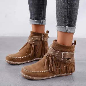 Women's Suede Fringe Ankle Boots Wide Width Round Toe Flats Vintage Casual Tassel Fringe Suede Boho Boots With Side Zipper Bohemian Slip On Anti Skid Winter Mid Calf Short Dress Shoes