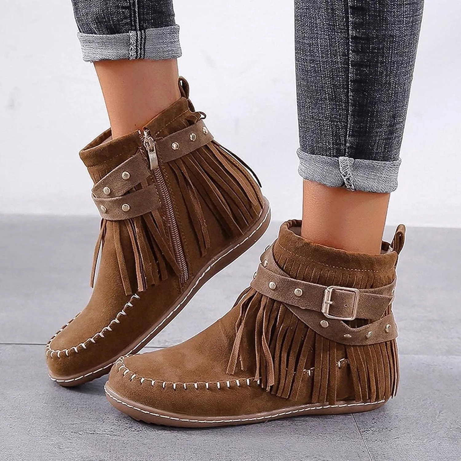 Women's Suede Fringe Ankle Boots Wide Width Round Toe Flats Vintage Casual Tassel Fringe Suede Boho Boots With Side Zipper Bohemian Slip On Anti Skid Winter Mid Calf Short Dress Shoes