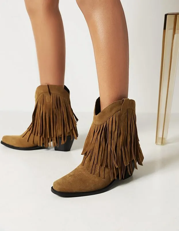 Women's Suede Tassel Booties Low Chunky Heel Closed Toe Sewn Moccasin Boots Western Cowgirl Short Ankle Shoes