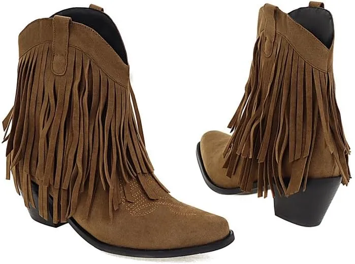 Women's Suede Tassel Booties Low Chunky Heel Closed Toe Sewn Moccasin Boots Western Cowgirl Short Ankle Shoes
