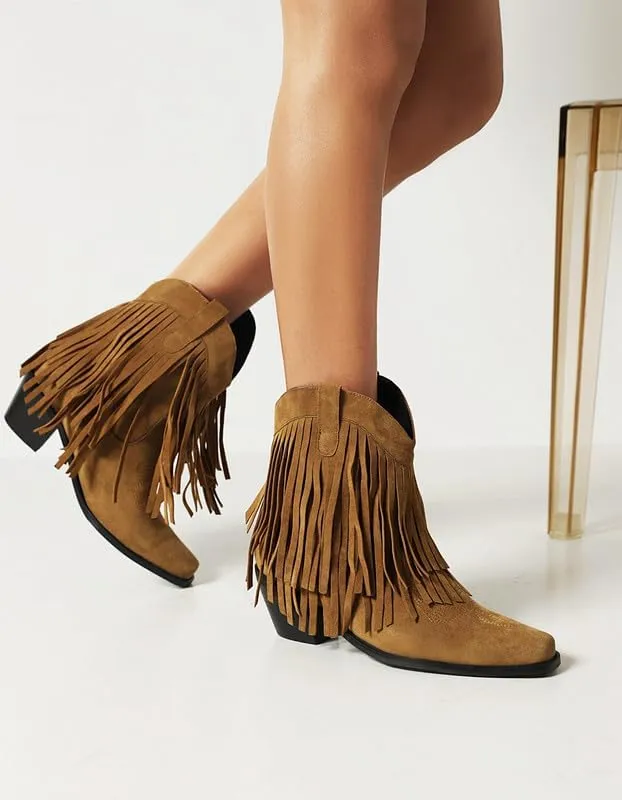 Women's Suede Tassel Booties Low Chunky Heel Closed Toe Sewn Moccasin Boots Western Cowgirl Short Ankle Shoes