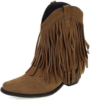 Women's Suede Tassel Booties Low Chunky Heel Closed Toe Sewn Moccasin Boots Western Cowgirl Short Ankle Shoes