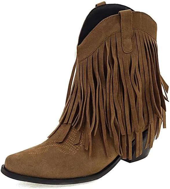 Women's Suede Tassel Booties Low Chunky Heel Closed Toe Sewn Moccasin Boots Western Cowgirl Short Ankle Shoes